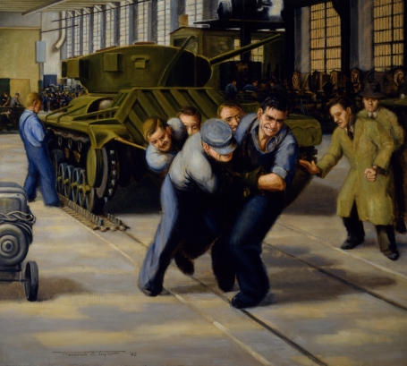 This painting shows five men pulling a tank along rails in a factory.