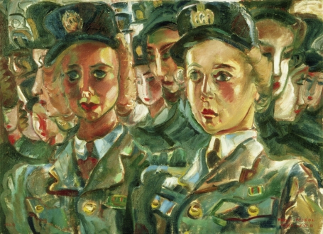 This painting by Pegi Nicol MacLeod represents two young women in Canadian Women's Army Corps uniform in front of a group of colleagues.