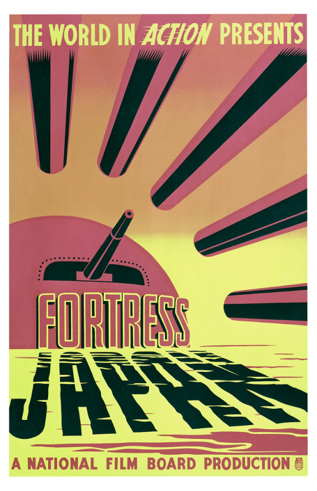 This poster for the 1944 film Fortress Japan represents Japan's rising sun as a circular red bunker surrounded by canons.