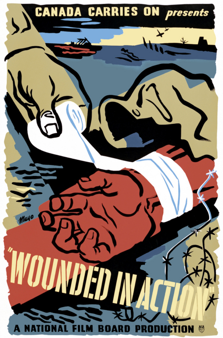 This poster for the 1944 film Wounded in Action is a close-up sketch of a nurse's hand bandaging the wrist of a soldier wounded in action.