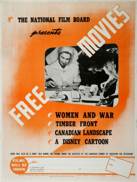 An NFB poster advertising free screenings of three documentaries and a Disney animation. A photo taken from one of these films shows a nurse at work and someone with a syringe.