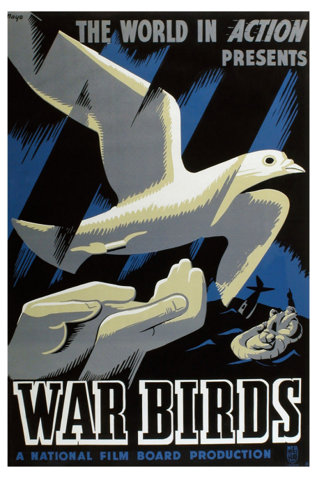 This poster for the 1943 film War Birds shows two hands releasing a carrier pigeon while in the background two airmen in an inflatable dinghy watch their plane sink.