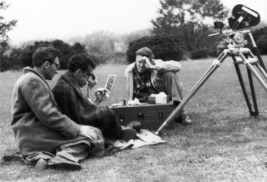 Makeup session for Grant Munro under the watchful eye of Norman McLaren Wolf Koenig.