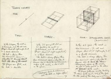 Drawing by Norman McLaren of three tennis courts for playing in two, three or four dimensions.