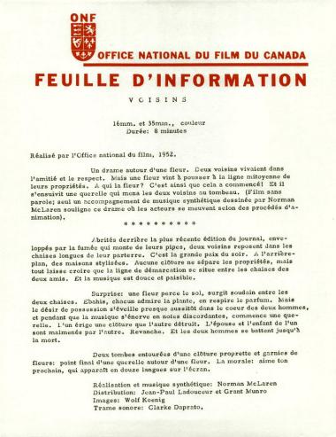 One-sheet for the film Neighbours/Voisins, which Norman McLaren made in 1952.