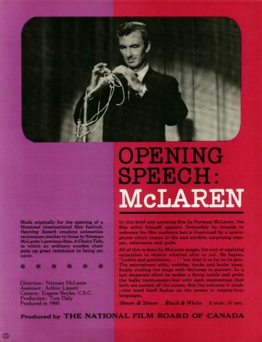 One-sheet for the film Opening Speech: McLaren/Discours de bienvenue de Norman McLaren.