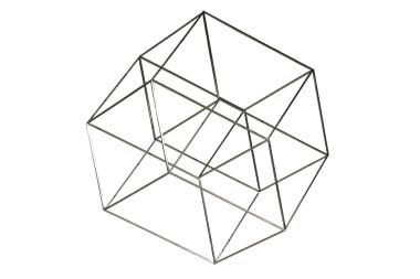 Hanging metal mobile representing a four-dimensional cube.