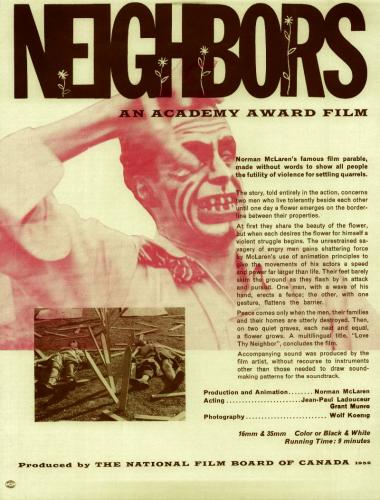 One-sheet for the Oscar® winning film Neighbours/Voisins, which Norman McLaren made in 1952.