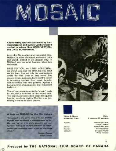 One-sheet for the film Mosaic/Mosa�que, which Norman McLaren and Evelyn Lambart made in 1965.