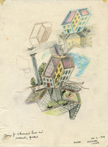 A Norman McLaren drawing representing a four-dimensional house surrounded by gardens.